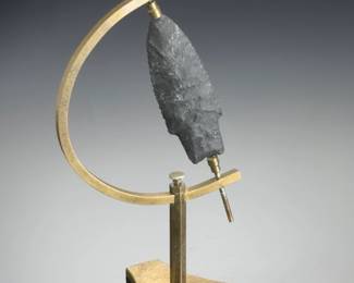 Archaic Style Knapped Flint Arrowhead Specimen on Custom Brass Caliper Stand
