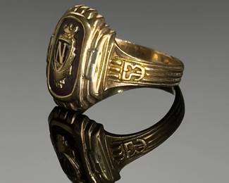 Vintage 1953 10K Gold High School Class Ring, Red Stone HJ, Size 6.5