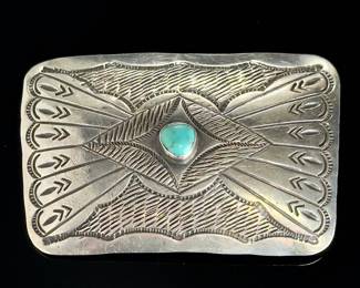 Vintage Navajo Sterling Silver Turquoise Belt Buckle Signed LSB Native American