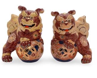 Vintage Japanese Kutani Porcelain Shishi Foo Dog Sculptures - Signed Pair