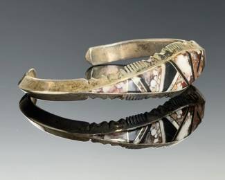 Navajo Ted Etsitty Sterling Wild Horse Onyx Inlay Cuff Bracelet