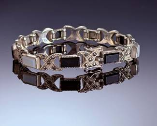 Sterling Silver Onyx Mother of Pearl Marcasite Art Deco Link Bracelet 925