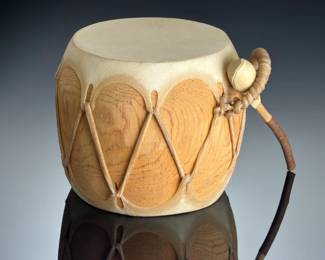 Native American Handcrafted Log Drum & Mallet - Rawhide & Natural Wood