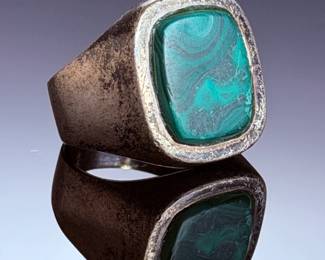 Vintage Taxco Mexican Sterling Silver Malachite Statement Ring Size 10.25