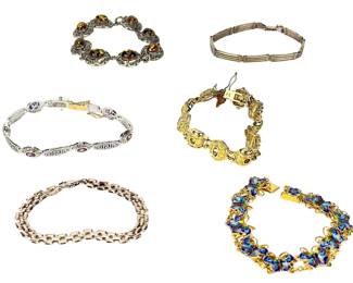 Vintage Sterling Silver .925 Bracelet Lot of 6 - Amber, Enamel, Amethyst 87.4g