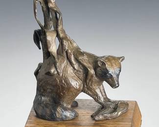 Rich Muno "Corn Thief" Bronze Raccoon Sculpture on Wood Base
