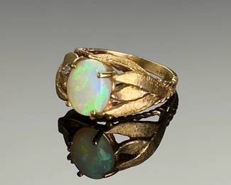 Vintage 18k Gold Opal Diamond Ring Mid-Century Naturalist Cocktail Statement