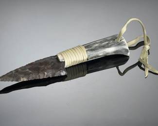 Artisan Flint Knapped Stone Blade Knife with Antler Handle, Signed AH