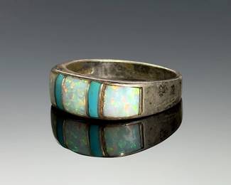 Vintage Sterling Silver Turquoise & Fire Opal Inlay Band Ring Size 9.25