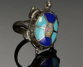 Native American Sterling Silver Multistone Inlay Turtle Ring Opal Turquoise MB