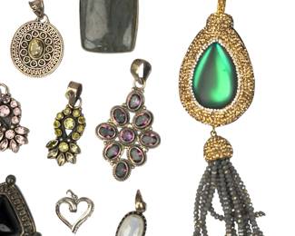 9pc Vintage Sterling Silver & Gemstone Pendant Lot Onyx Labradorite Tassel