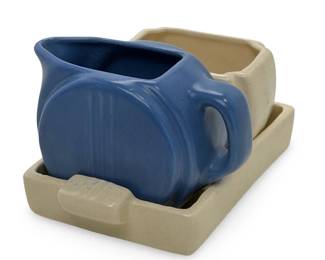 Vintage Art Deco Ceramic Sugar and Creamer Set with Tray - 3 Piece Blue & Cream