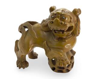 Vintage Hand-Carved Wood Chinese Foo Dogs Pair - Captive Puzzle Ball Sculpture