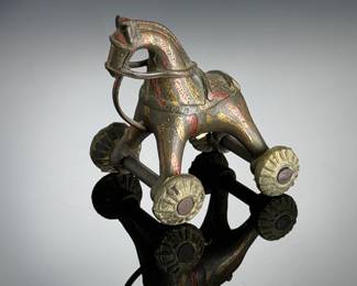 Antique Indian Bronze Wheeled Toy Horse Figurine, Brass Temple Toy