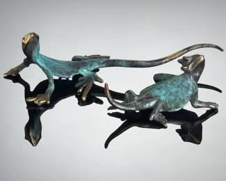 Michael Story Signed Bronze Lizard & Horned Toad Sculptures - Set of 2