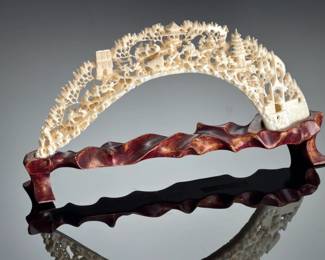 Chinese Carved Faux-Ivory Tusk Bridge on Custom Wood Stand - Resin