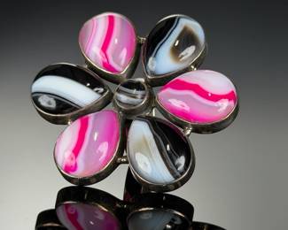 Monumental Sterling Silver Banded Agate Flower Statement Ring, Custom Size 9.25