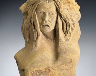 William Haney Signed Native American Wolf Clan Sandstone Bust Sculpture 1989