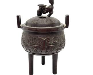 Antique Chinese Bronze Foo Dog Incense Burner Tripod Censer Ding