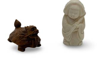 Vintage Japanese Netsuke Lot: Signed Carved Wood Dragon Turtle & Resin Maiden