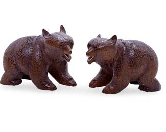 Pair of Vintage Japanese Ainu Hand Carved Wood Bear Sculptures, Signed
