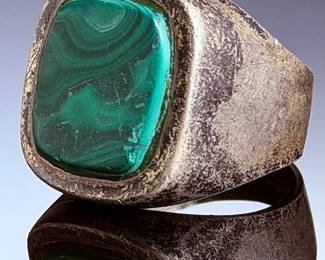 Vintage Taxco Mexican Sterling Silver Malachite Statement Ring Size 10.25