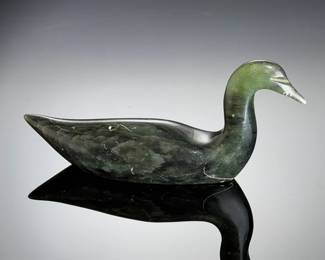 Ross Parkinson Signed Green Soapstone Duck Carving Canadian Art Sculpture