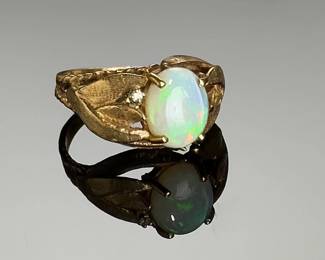 Vintage 18k Gold Opal Diamond Ring Mid-Century Naturalist Cocktail Statement