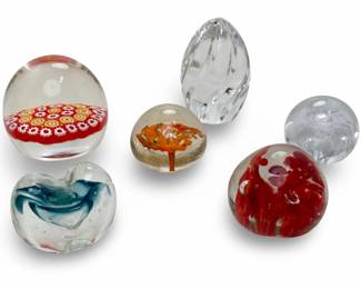 Vintage Art Glass Paperweights - Lot of 6 Murano Style Millefiori Swirl Flower