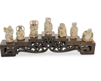 Antique Japanese Seven Lucky Gods Carved Bone Figures Shichifukujin Set Stand