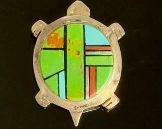 Navajo Charlie Bowie Sterling Turquoise Opal Spiny Oyster Turtle Brooch Pendant