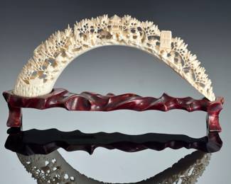 Chinese Carved Faux-Ivory Tusk Bridge on Custom Wood Stand - Resin