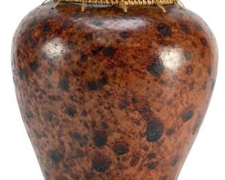 Studio Art Pottery Gourd Vase with Hand-Woven Rattan Collar Rim, 9.5"