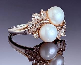 Adrienne Vittadini Sterling Silver Toi et Moi Dual Pearl & CZ Ring - Size 8.75