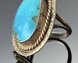 Vintage Navajo Sleeping Beauty Turquoise Sterling Silver Statement Ring Size 6