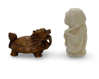 Vintage Japanese Netsuke Lot: Signed Carved Wood Dragon Turtle & Resin Maiden