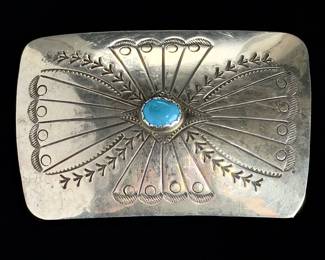 Vintage Navajo Sterling Silver & Turquoise Belt Buckle Hand Stamped