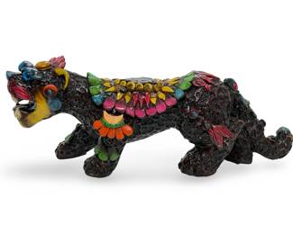 Mexican Alebrije Style Resin Jaguar Tiger Sculpture - Colorful Folk Art