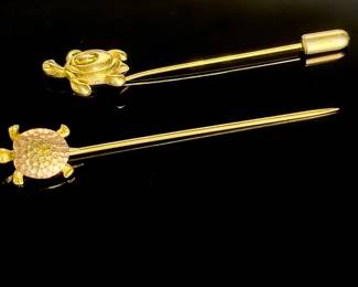 Vintage Trifari Gold Tone Turtle Stick Pins Figural Jewelry Lot of 2