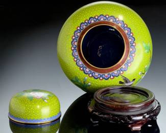 Pair of Chinese Cloisonne Ginger Jars Lime Green Plum Blossom Birds 11.7"