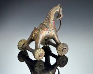 Antique Indian Bronze Wheeled Toy Horse Figurine, Brass Temple Toy