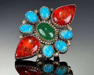 Huge Sterling Silver Studio Statement Ring Amber Turquoise Jade Adjustable 29g