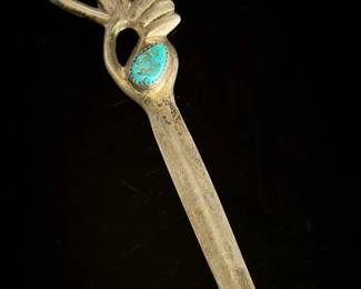 Navajo Sterling Silver & Turquoise Letter Opener, Signed KJ, Vintage Native