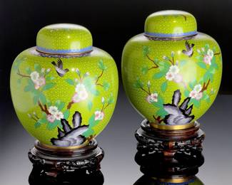 Pair of Chinese Cloisonne Ginger Jars Lime Green Plum Blossom Birds 11.7"