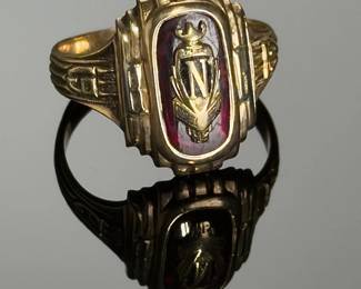 Vintage 1953 10K Gold High School Class Ring, Red Stone HJ, Size 6.5