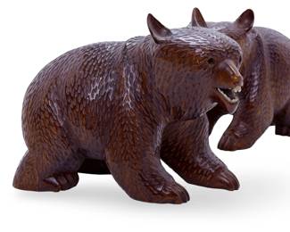 Pair of Vintage Japanese Ainu Hand Carved Wood Bear Sculptures, Signed