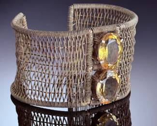 Sterling Silver Woven Wire Mesh Cuff Bracelet Citrine Gemstones Artist Made