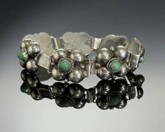 Vintage Mexican Silver Green Chrysoprase Puffy Flower Link Bracelet 32g