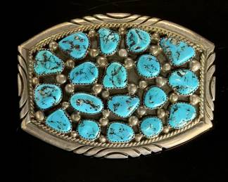 Tommy Moore Navajo Turquoise Cluster Belt Buckle Sterling Silver Native American