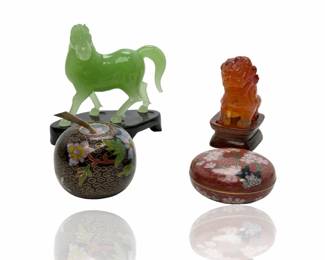 Vintage Asian Art Estate Lot: Carved Jade Horse, Carnelian Foo Dog & Cloisonne